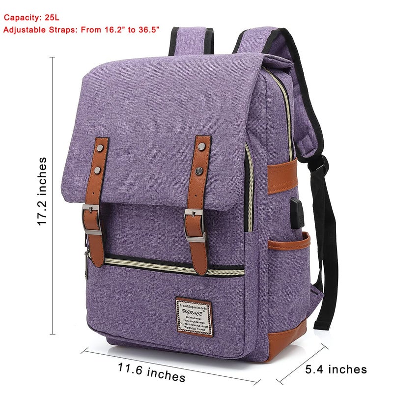 UGRACE Vintage Laptop Backpack with USB Charging Port, Elegant Water Resistant Travelling Backpack Casual Daypacks College Shoulder Bag for Men Women, Fits up to 15.6Inch Laptop in Purple - Image 2
